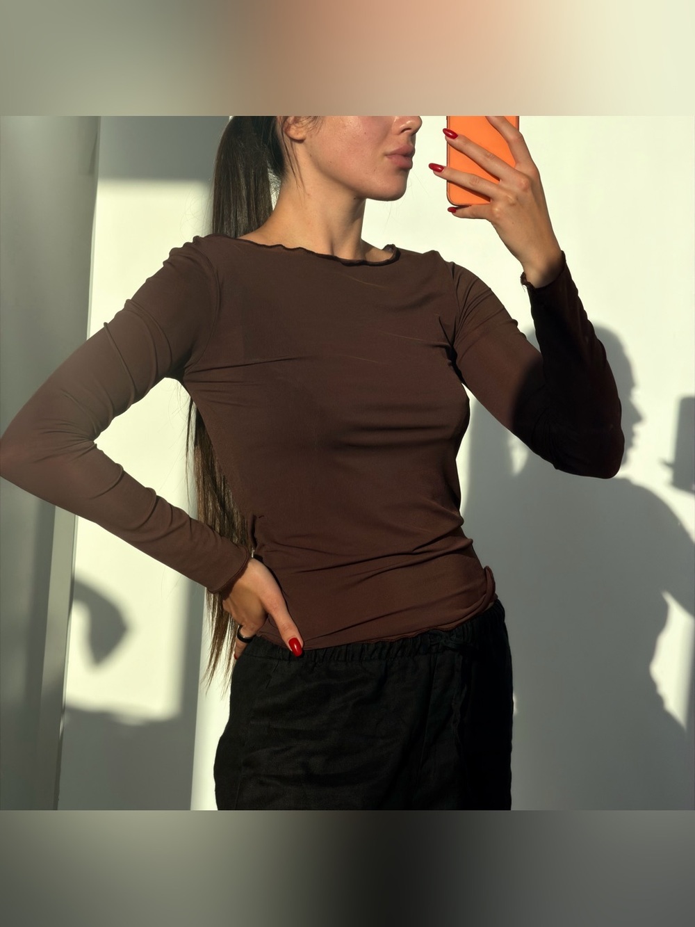 Zara Chocolate Brown Long-Sleeve Slim Tee